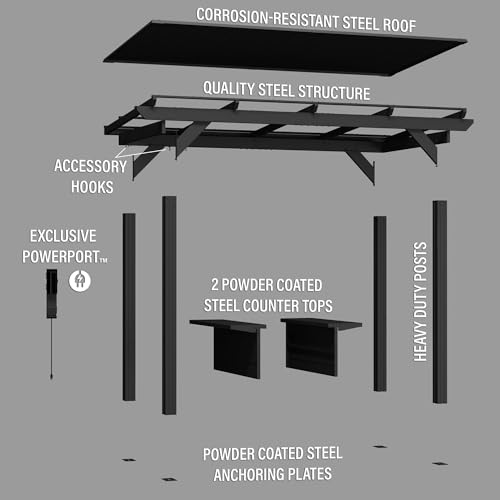 Backyard Discovery Rockport XL Black Metal Steel Grill Gazebo, Insulated Steel Roof, Cook Station, Barbeque, Patio, Deck, Withstand Wind Snow, Corrosion Resistant, Reduce Heat Transfer, Power Ports