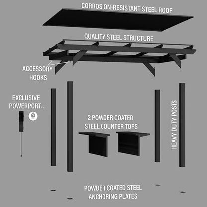 Backyard Discovery Rockport XL Black Metal Steel Grill Gazebo, Insulated Steel Roof, Cook Station, Barbeque, Patio, Deck, Withstand Wind Snow, Corrosion Resistant, Reduce Heat Transfer, Power Ports