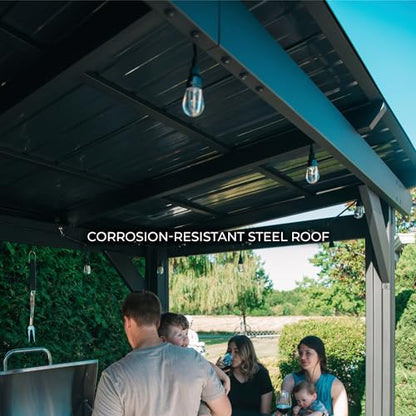 Backyard Discovery Rockport XL Black Metal Steel Grill Gazebo, Insulated Steel Roof, Cook Station, Barbeque, Patio, Deck, Withstand Wind Snow, Corrosion Resistant, Reduce Heat Transfer, Power Ports