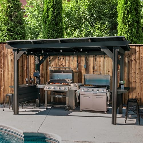 Backyard Discovery Rockport XL Black Metal Steel Grill Gazebo, Insulated Steel Roof, Cook Station, Barbeque, Patio, Deck, Withstand Wind Snow, Corrosion Resistant, Reduce Heat Transfer, Power Ports