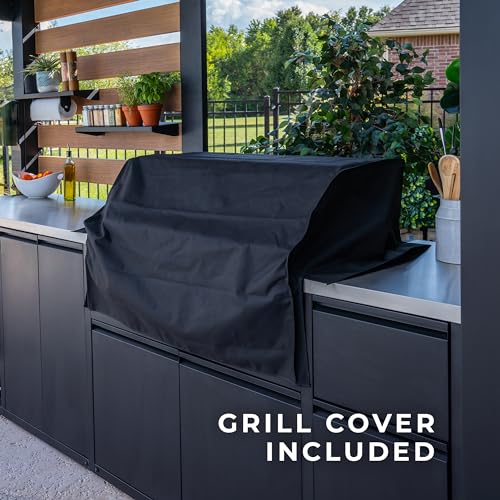 Backyard Discovery Fusion Flame Outdoor Kitchen, with 38 inch 5-burner grill with sear zone plus infrared rotisserie burner and outdoor rated refrigerator