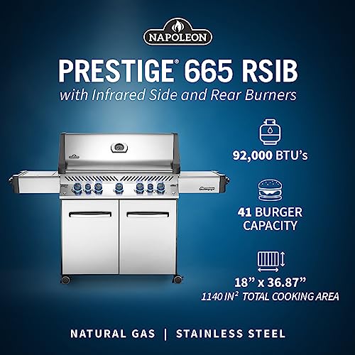 Napoleon P665RSIBNSS Prestige 665 RSIB Natural Gas Grill, sq. in + Infrared Side and Rear Burner, Stainless Steel