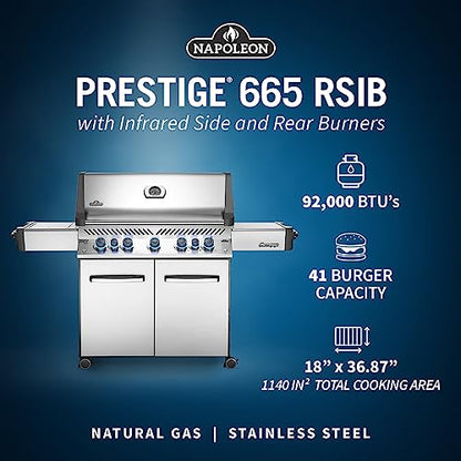Napoleon P665RSIBNSS Prestige 665 RSIB Natural Gas Grill, sq. in + Infrared Side and Rear Burner, Stainless Steel
