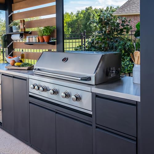 Backyard Discovery Fusion Flame Outdoor Kitchen, with 38 inch 5-burner grill with sear zone plus infrared rotisserie burner and outdoor rated refrigerator