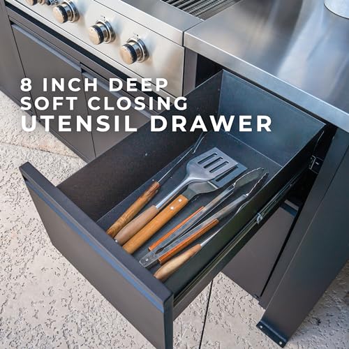 Backyard Discovery Fusion Flame Outdoor Kitchen, with 38 inch 5-burner grill with sear zone plus infrared rotisserie burner and outdoor rated refrigerator