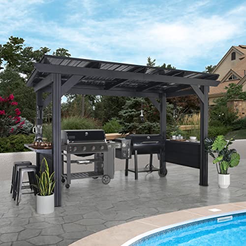 Backyard Discovery Rockport XL Black Metal Steel Grill Gazebo, Insulated Steel Roof, Cook Station, Barbeque, Patio, Deck, Withstand Wind Snow, Corrosion Resistant, Reduce Heat Transfer, Power Ports
