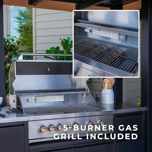 Backyard Discovery Fusion Flame Outdoor Kitchen, with 38 inch 5-burner grill with sear zone plus infrared rotisserie burner and outdoor rated refrigerator