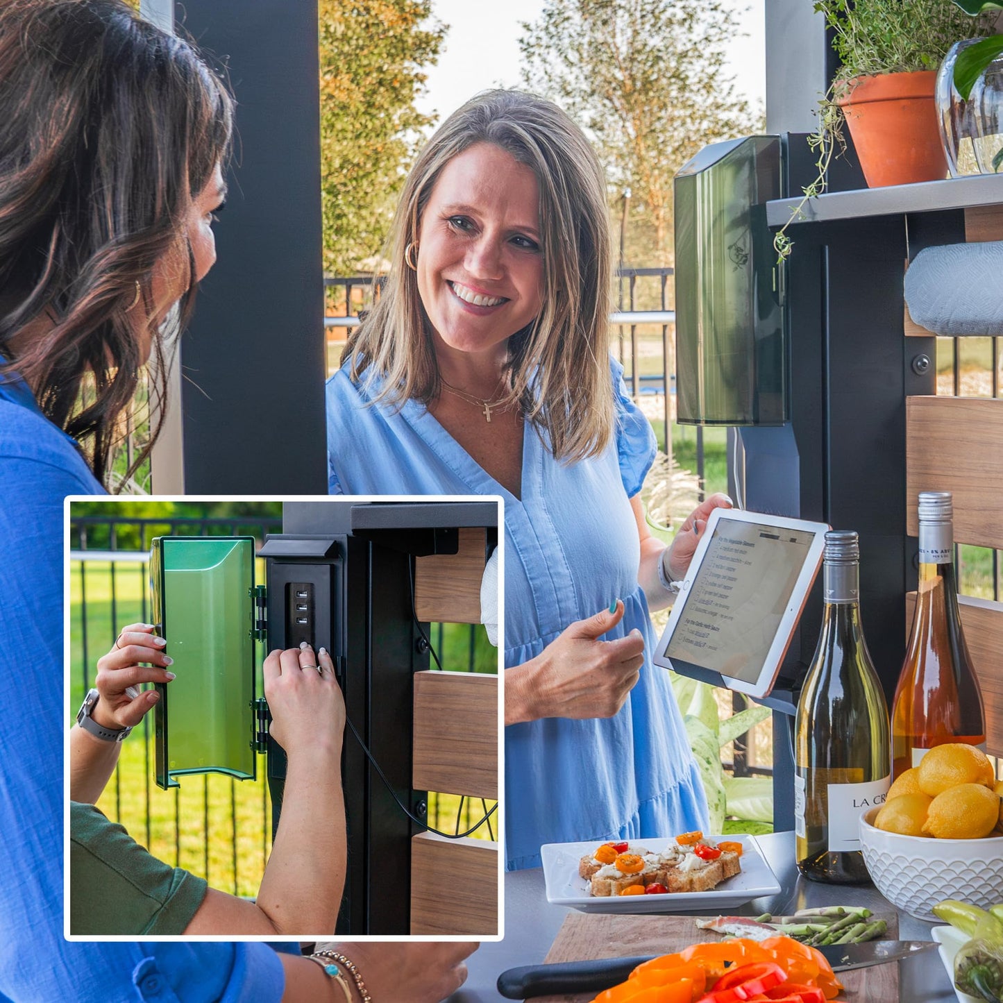 Backyard Discovery Fusion Flame Outdoor Kitchen, with 38 inch 5-burner grill with sear zone plus infrared rotisserie burner and outdoor rated refrigerator