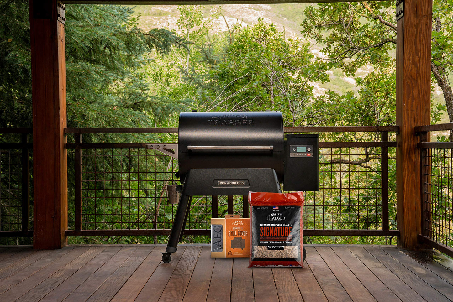 Traeger Grills Ironwood 885 Wood Pellet Grill and Smoker Bundle with Cover and Signature Pellets featuring Alexa and WiFIRE Smart Home Technology - Black